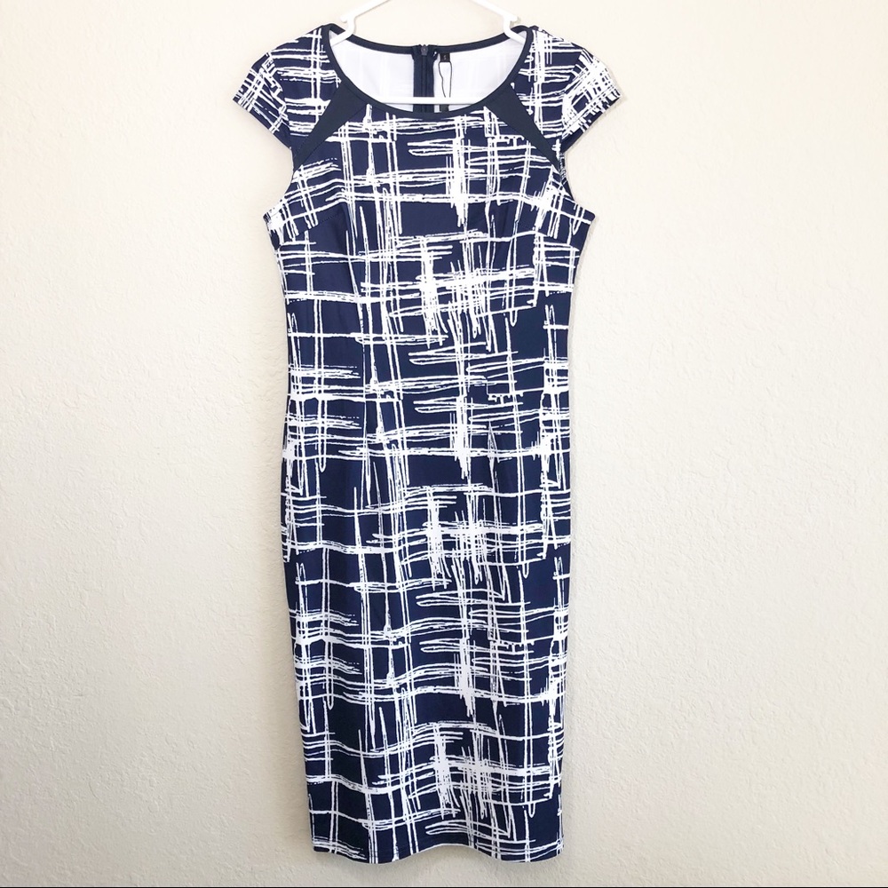 Lunajany | Navy & White Print Sheath Midi Dress